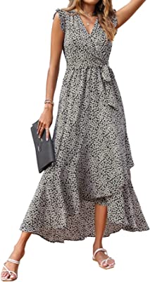 Photo 1 of BTFBM Women's Summer Dresses Ruffle Cap Sleeveless V Neck Boho Floral Print Wrap Side Split Long Beach Maxi Dress with Belt
X LARGE 
GREEN DRESS 