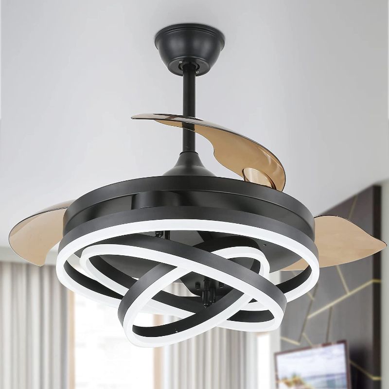 Photo 1 of 42 Inch Retractable Ceiling Fan, Geometric Circled Hanging Light Fan with Silent Motor, Retractable Blades, 6 Speed, 3 Color Change, Timer, Black Chandelier Fan Ceiling Light for Bedroom
