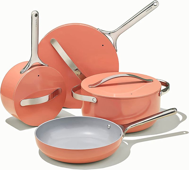 Photo 1 of Caraway Nonstick Ceramic Cookware Set (12 Piece) Pots, Pans, Lids and Kitchen Storage - Non Toxic, PTFE & PFOA Free - Oven Safe & Compatible with All Stovetops (Gas, Electric & Induction) - Perracotta
