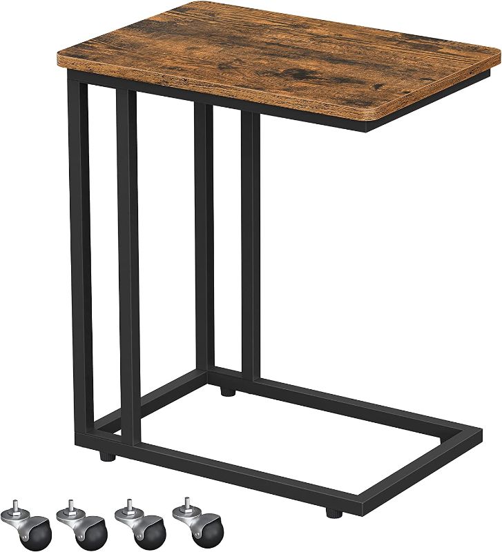 Photo 1 of VASAGLE End Table, Side Table, TV Tray, C Shaped Snack Table with Metal Frame, Rolling Casters, Industrial, for Living Room, Bedroom, Rustic Brown and Black ULNT50X
