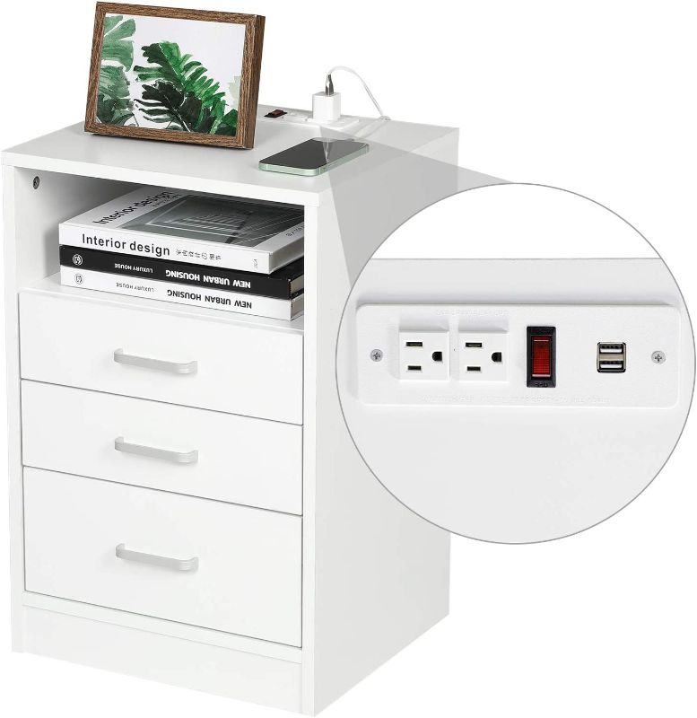 Photo 1 of ADORNEVE Nightstand 3 Drawers with Open Storage,Side Tables Bedroom with Charging Station,Bedside Table with Drawers,White
