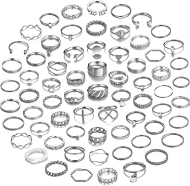 Photo 1 of 68 Pcs Gold Knuckle Rings Set for Women Girls, Stackable Rings Boho Joint Finger Midi Rings Silver Hollow Carved Crystal Stacking Rings Pack for Gift
