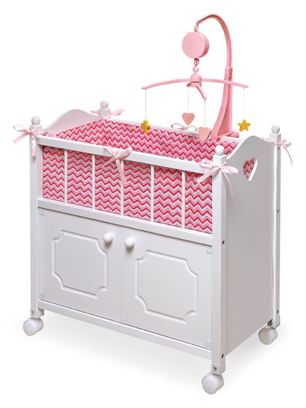 Photo 1 of Badger Basket Cabinet Doll Crib with Chevron Bedding and Free Personalization Kit
