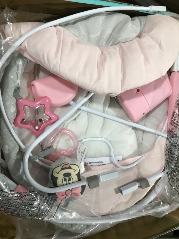 Photo 3 of Bright Starts Minnie Mouse Rosy Skies Baby Bouncer with Vibrating Infant Seat, Music & 3 Playtime Toys, 23x19x23 Inch (Pink)
