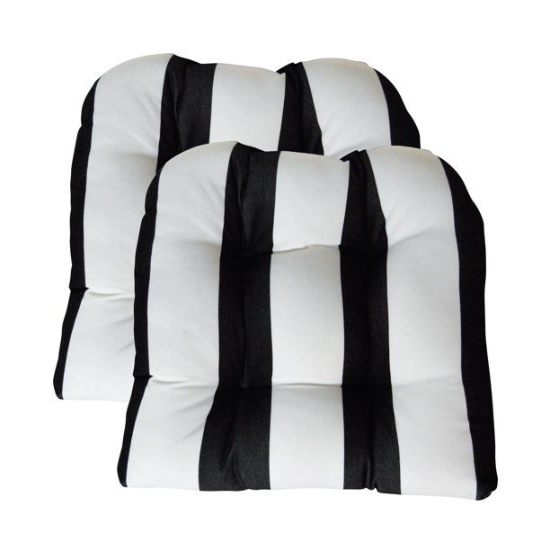 Photo 1 of  Indoor Outdoor Set of 2 U-Shape Wicker Tufted Seat Cushions Patio Weather Resistant, Sunbrella Cabana Classic Black and White Stripe