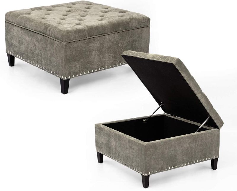 Photo 1 of Adeco Square Footstool Storage Ottomans, Light Gray
