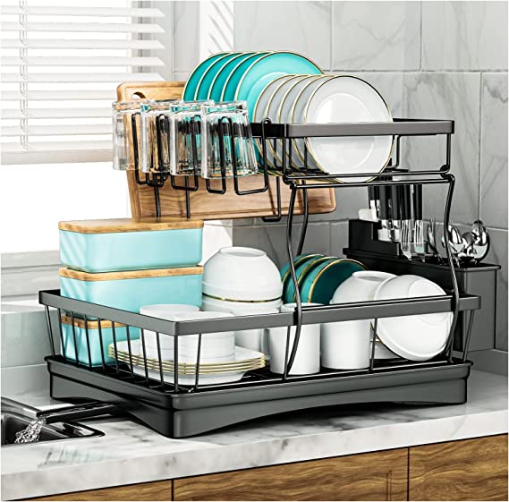 Photo 1 of 7 code Large Dish Drying Rack,2-Tier Dish Racks for Kitchen Counter,Detachable Large Capacity Dish Drainer Organizer with Utensil Holder, Dish Drying Rack with Drain Board ,Black
