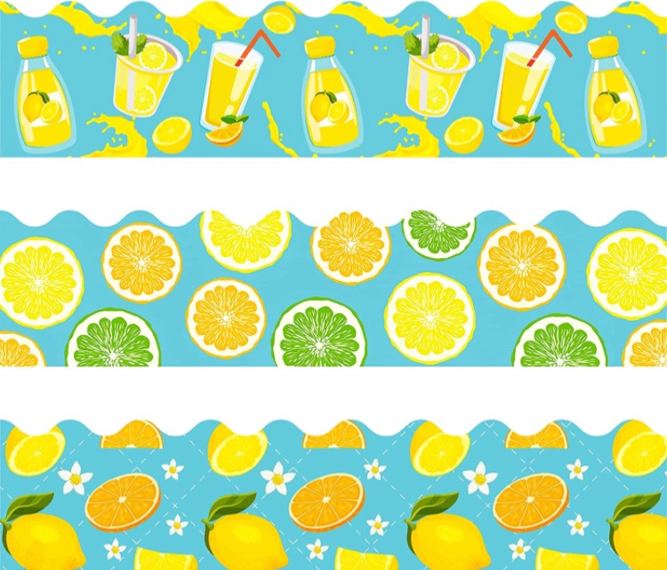 Photo 1 of 2- 60 Feet Summer Bulletin Board Border Decorations Flamingo Beach Lemon Border Stickers Removable Blackboard Chalkboard Border for Back to School Classroom Office Party Decoration (Lemon)