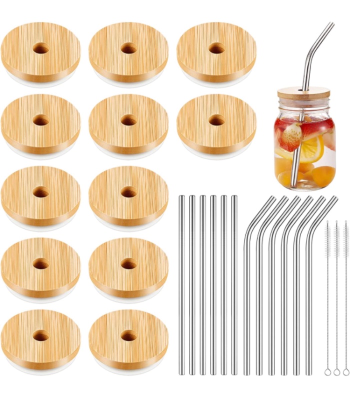 Photo 1 of 12 Pack Bamboo Mason Jar Lids with Straw Hole, Bamboo Lids for Beer Can Glass, 12 Reusable Stainless Steel Straw, 3 Straw Brushes and 1 Velvet Bag for Drinking (Regular Mouth)