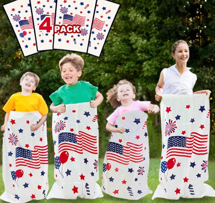 Photo 1 of 4 Pack Potato Sack Race Bags Outdoor Patriotic Party Game for Kids Adults Family American Flag Star Plastic Jumping Bag for 4th of July Party Supplies, Red White and Blue, National Independence Day