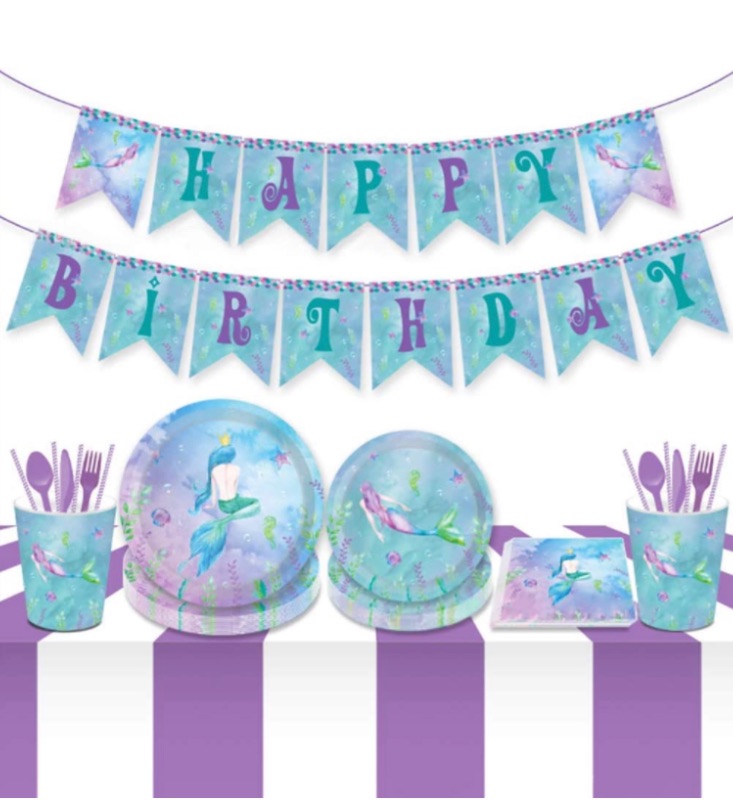 Photo 1 of Anor Wishlife Mermaid Birthday Banner,Party Supplies,Serves 8–Mermaid Dinner Plates,Dessert Plates,Mermaid Banner,Cups and Napkins(61PCS)