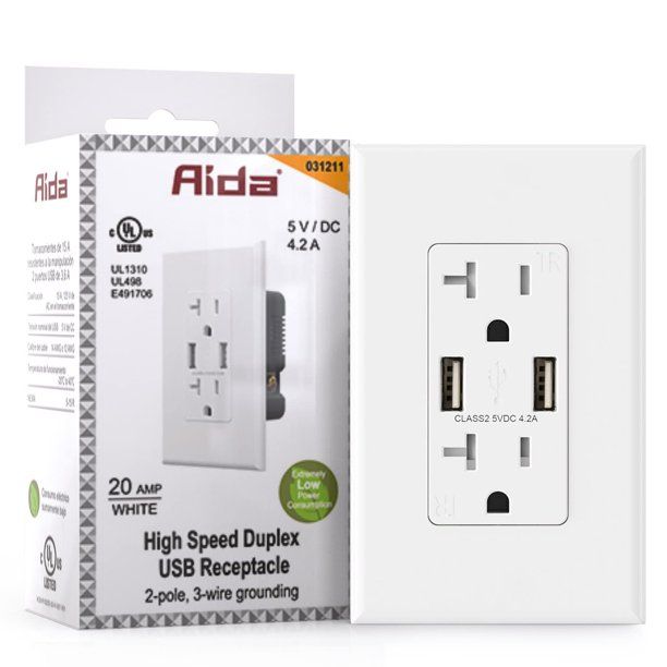 Photo 1 of AIDA USB Outlet 5.4A Outlet 27W Fast Charge USB Charger with 15 Amp TR Wall Outlet Receptacle, Compatible with iPhone/Samsung/Google/Fire/LG, UL Listed (1, White)
