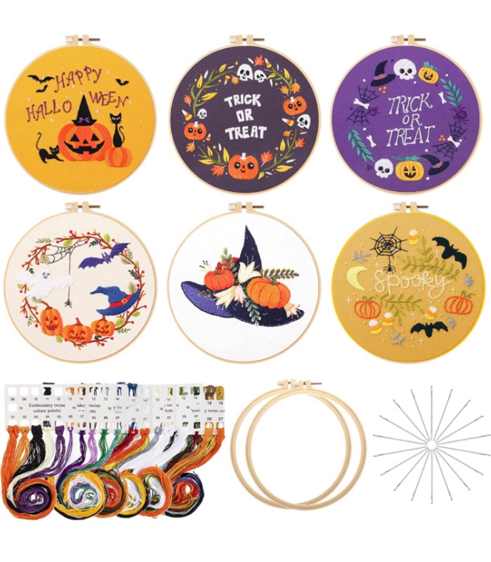 Photo 1 of 6 Sets Christmas Embroidery Kit with Pattern and Instructions Embroidery Starter Kit Embroidery Pattern Hoop Colored Threads Needlepoint Kit for Beginners Adults Embroidery Supplies (Pumpkin)