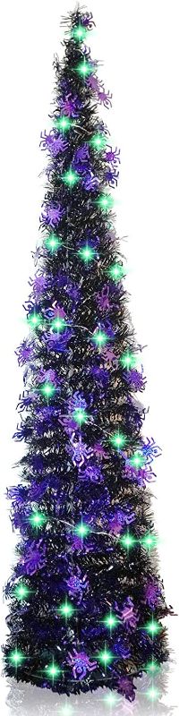 Photo 1 of 5ft Pop Up Black Halloween Christmas Tree with 50 LED Green Lights,Spider Sequins Artificial Tinsel Collapsible Pencil Trees for Decorations Indoor Holiday Party,WOKEISE 