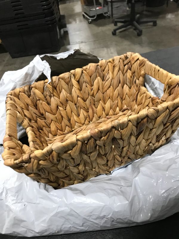 Photo 2 of 1 Piece Natural Water Hyacinth Storage Basket Bin with Wooden Handles Large Rectangular Wicker Box Unpainted and Unwaxed Large Capacity Home Organizer 12" x 9" x 5.5" C-1pc