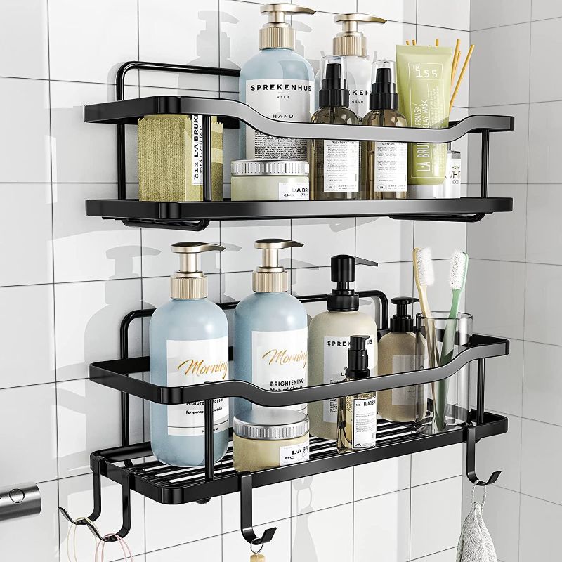 Photo 1 of 2-Pack Adhesive Shower Caddy, Shower Shelf, No Drilling Rustproof Stainless Steel OMAIRA Shower Organizer for Inside Shower & Kitchen Storage (Matte Black) 