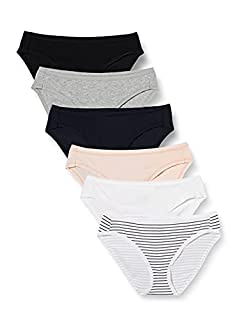 Photo 1 of Amazon Essentials Women's Cotton Bikini Brief Underwear (Available in Plus Size), Pack of 6, Grey/Black/Peach, Stripe, XX-Large 