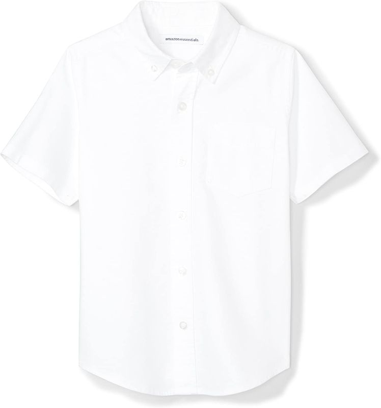 Photo 1 of Amazon Essentials Kids Boys Uniform Short-Sleeve Woven Oxford Button-Down Shirt, White, X-Large
