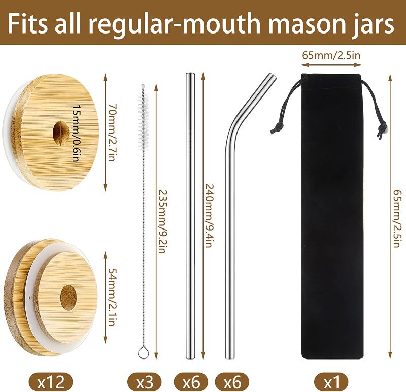 Photo 1 of 12 Pack Bamboo Mason Jar Lids with Straw Hole, Bamboo Lids for Beer Can Glass, 12 Reusable Stainless Steel Straw, 3 Straw Brushes and 1 Velvet Bag for Drinking (Regular Mouth)
