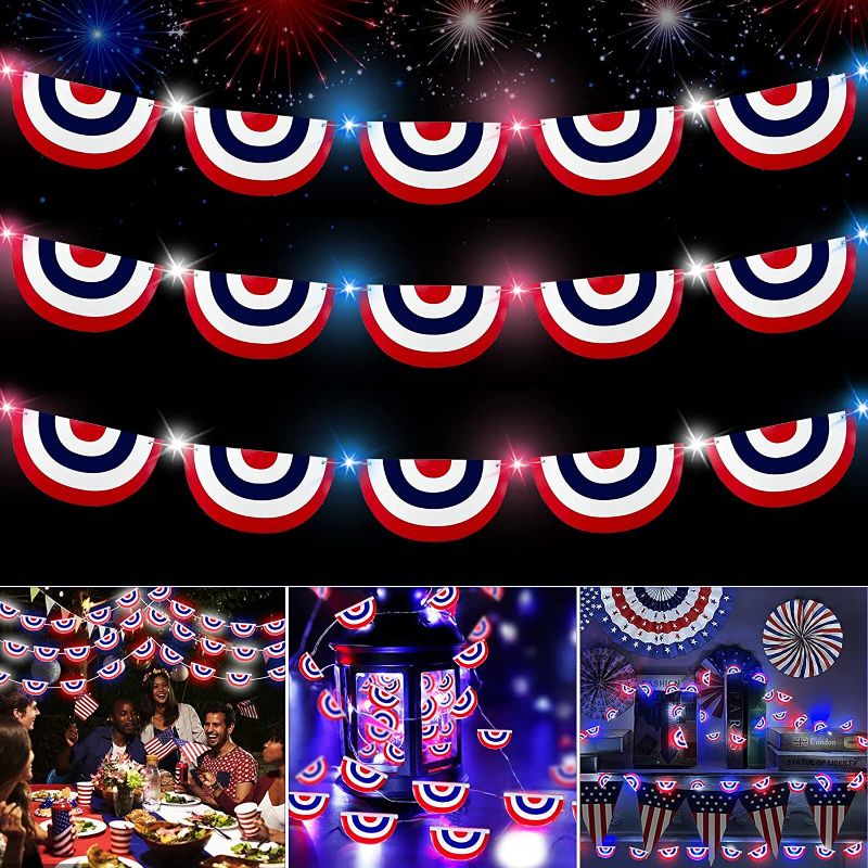 Photo 1 of 3 PACK  American Flag Lights Fourth of July Decoration,10Ft 40LED Red White Blue Lighted USA Pleated Fan Flag Patriotic Decor Battery Operated National Independence Day Memorial Day Decor Indoor Outdoor Party
