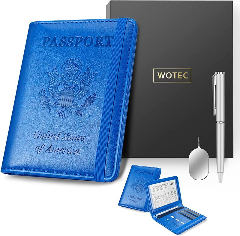Photo 1 of 2 PACK Wotec Passport Holder with CDC Vaccination Card Protector Slot, RFID Blocking, 4 Card Slot with Pen and SIM Card Tray Pin, Blue

