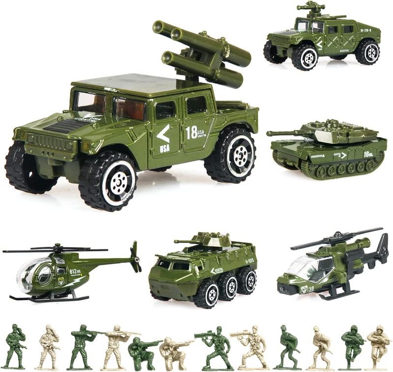 Photo 1 of ,6 Pack Assorted Alloy Metal Army Models Car Toys and 12 Pack Soldier Army Men, Mini Army Toy Tank,Panzer,Anti-Air Vehicle,Helicopter Playset for Kids Boys
