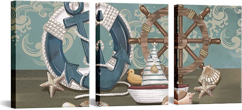 Photo 1 of 3 Piece Nautical Wall Art Decor Boat Ship Steering Wheel Anchor Painting Artwork Vintage Teal Ocean Coastal Theme Prints Framed for Home Bedroom Bathroom Decorations 