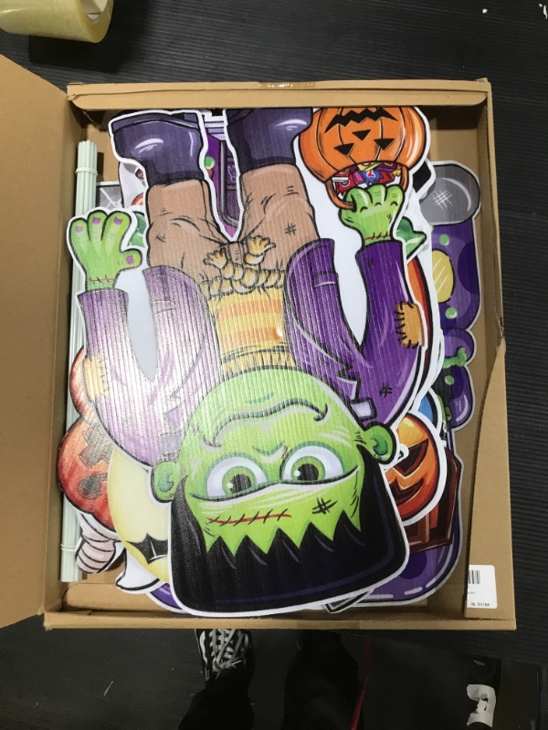 Photo 1 of 8 Pieces Halloween Yard Sign Pumpkin Ghost Witch Lawn Sign Tombstone Corrugated Yard Stake Sign Trick or Treat Lawn Sign with 16 Stakes for Outdoor Yard Lawn Garden Decoration 