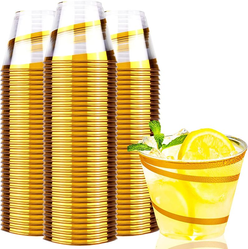 Photo 1 of 100 Pack Gold Swirl Plastic Cups, 9 oz Disposable Gold Plastic Cups, Clear Hard Plastic Tumblers, Elegant Gold Cocktail Glasses 