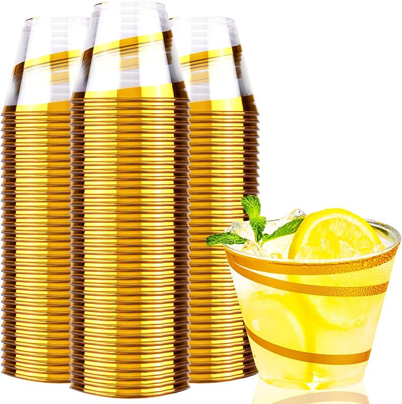 Photo 1 of 100 Pack Gold Swirl Plastic Cups, 9 oz Disposable Gold Plastic Cups, Clear Hard Plastic Tumblers, Elegant Gold Cocktail Glasses