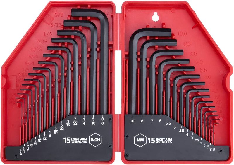 Photo 1 of 30-Piece Premium Hex Key Allen Wrench Set, SAE and Metric Assortment, L Shape, Chrome Vanadium Steel, Precise and Chamfered Tips | SAE 0.028 - 3/8 inch | Metric 0.7 - 10 mm | In Storage Case
