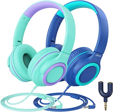 Photo 1 of [2 Pack] iClever HS22 Kids Headphones with Microphone - 94dB Safe Volume Limited - Wired Headphones for Kids Teens with Sharing Splitter, Tangle-Free Foldable Stereo Headset for School/Tablet/Travel
