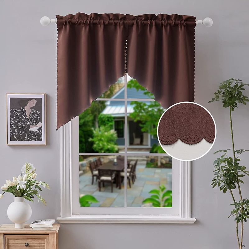 Photo 1 of Beda Home Scalloped Valance for Small Window Thermal Insulated Room Darkening Window Rod Pocket Short Valance (Brown, 26x36)