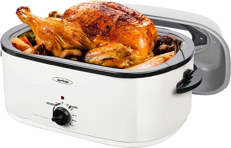 Photo 1 of 24-Quart Roaster Oven with Visible Glass Lid, Sunvivi Electric Roaster with Removable Pan & Rack, 150-450°F Full-Range Temperature Control with Defrost/Warm Function, Stainless Steel, White
