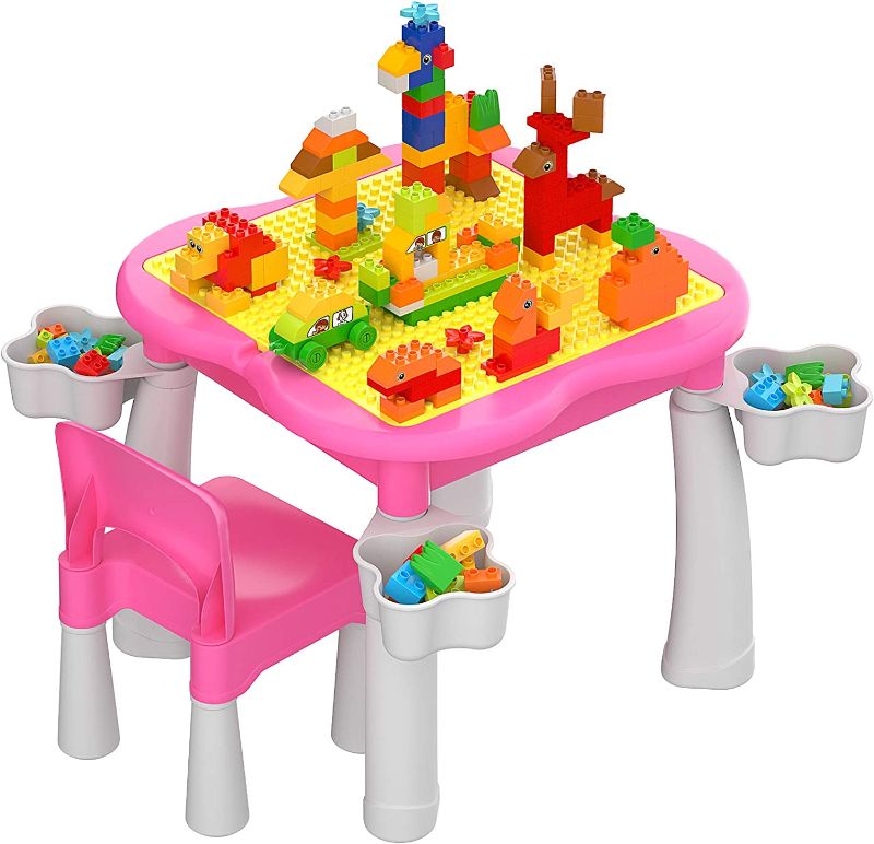 Photo 1 of burgkidz Kids 5-in-1 Multi Activity Table Set - 130 Pieces Large Building Blocks Compatible Bricks Toy, Play Table Includes 1 Chair and Building Block Table with Storage Pink
