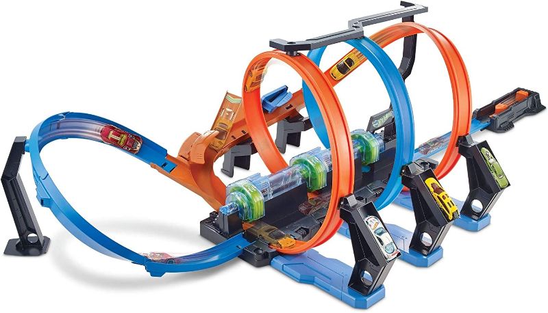 Photo 1 of Hot Wheels Track Set and Toy Car, Large-Scale Motorized Track with 3 Corkscrew Loops, 3 Crash Zones and Toy Storage??
