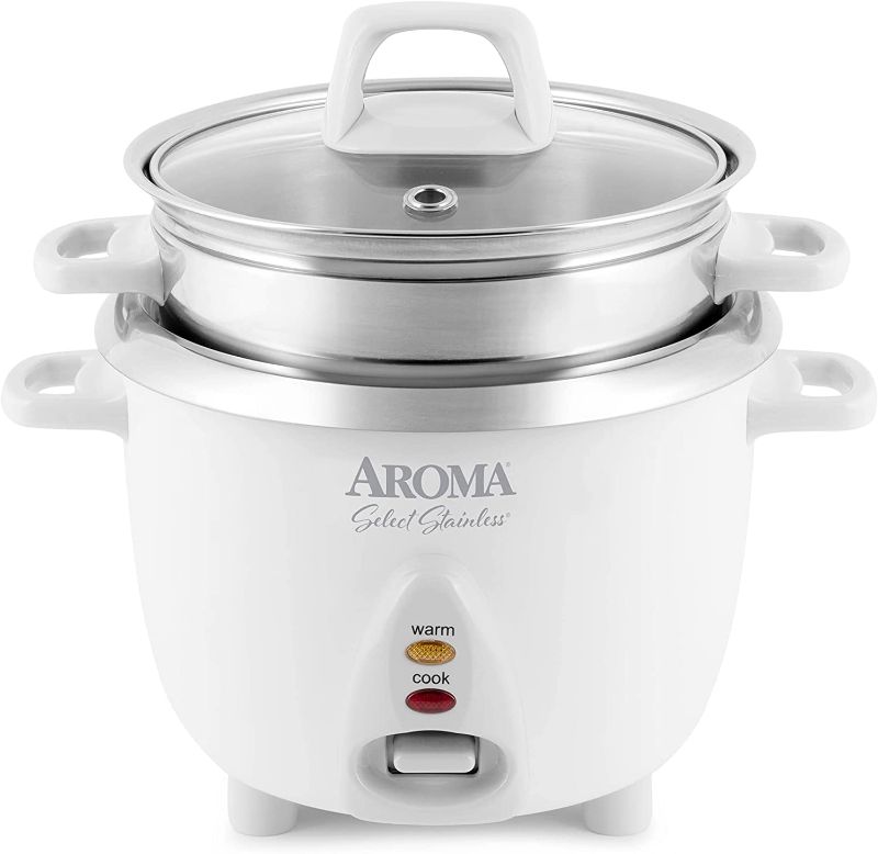 Photo 1 of Aroma Housewares 6-Cup (Cooked) / 1.2Qt. Select Stainless Pot-Style Rice Cooker, & Food Steamer, One-Touch Operation, White
