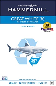 Photo 1 of Hammermill 86750 Great White Recycled Copy Paper, 92 Brightness, 20Lb, 11 X 17, 500 Sheets/Ream