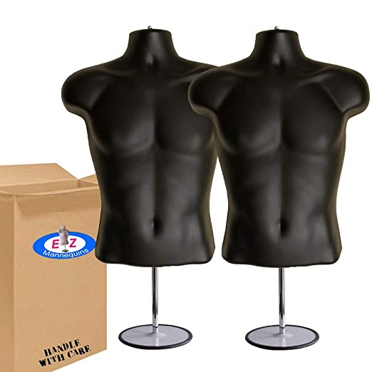 Photo 1 of 2-Pack Male Mannequin Torso, Dress Form Hollow Back Body Tshirt Display, w/Stand for Counter by EZ-Mannequins for Craft Shows, Photos or Design, Easy to Assemble and Store, S-M Clothing Sizes, Black.
