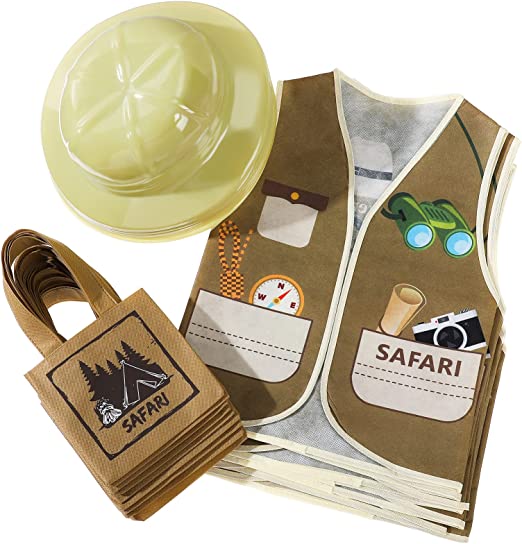 Photo 1 of 24 Pieces Kids Safari Party Dress up Explorer Outdoor Outfit Set Including Adventure Vest and Plastic Hats Tote Bag Jungle zoo Party Costume for Young Toddler Birthday Party Favor
