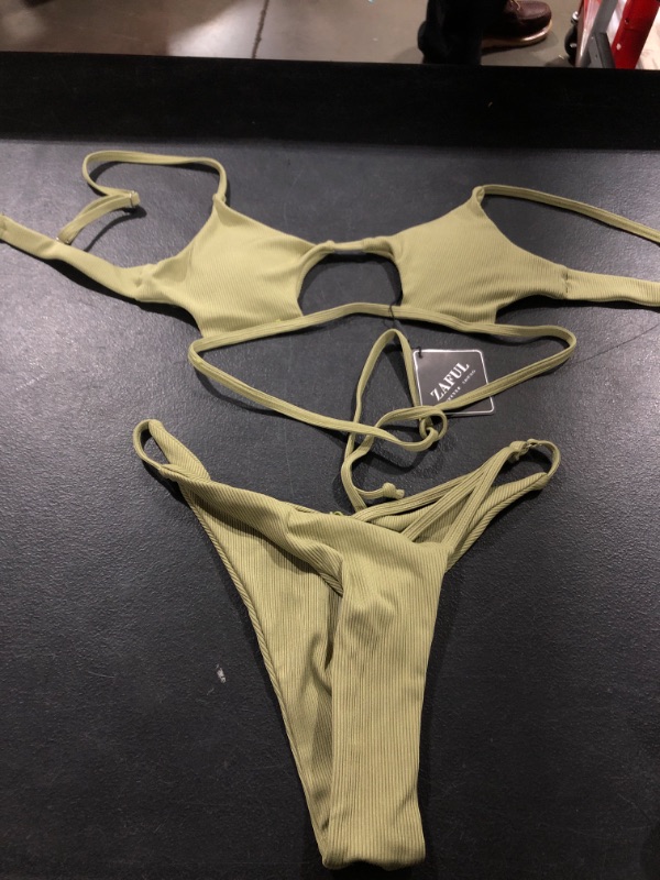 Photo 2 of ZAFUL Women Swimsuit Ribbed Cutout Bathing Suit Shell Halter High Cut Bikini Set Light Green Small