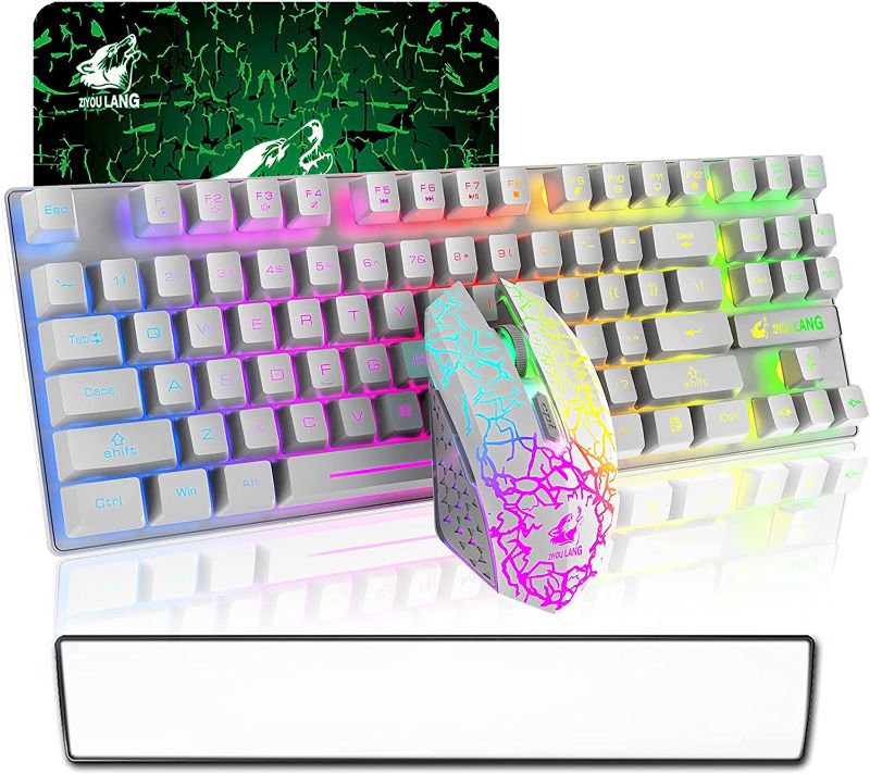 Photo 1 of Wireless Gaming Keyboard Mouse and Wrist Rest Set with 87 Key Rainbow Backlight Rechargeable 3800mAh Battery Mechanical Feel Anti-ghosting Ergonomic Waterproof Mute Mice for PC Mac Gamer (White Mix)
