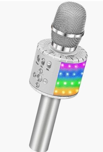 Photo 1 of BONAOK Wireless Bluetooth Karaoke Microphone with Controllable LED Lights, 4-in-1 Portable Handheld Mic Speaker for All Smartphones, Birthday for Kids Adults All Age Q78 (Silver)
