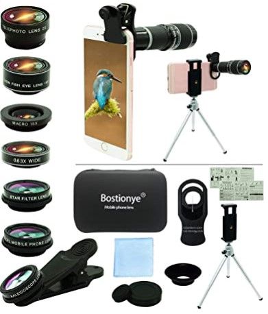 Photo 1 of Cell Phone Camera Lens Kit,11 in 1 Universal 20x Telephoto Lens,0.63Wide Angle+15X Macro+198°Fisheye+2X Telephoto+Kaleidoscope+CPL/Starlight/Eyemask/Tripod,for Most iPhone Smartphone (Black)
