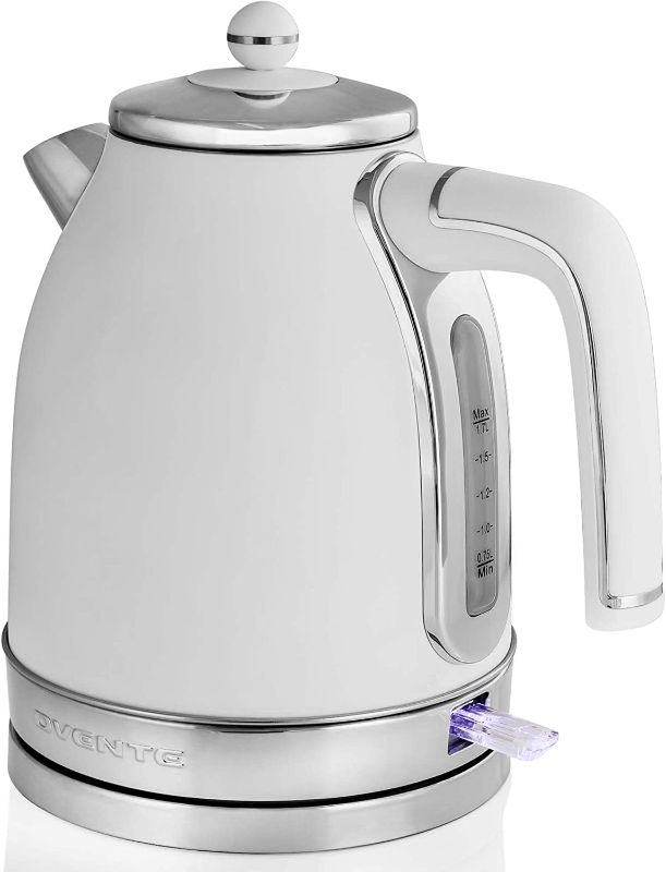 Photo 1 of Ovente Electric Stainless Steel Hot Water Kettle 1.7 Liter Victoria Collection, 1500 Watt Power Tea Maker Boiler with Auto Shut-Off Boil Dry Protection Removable Filter and Water Gauge, White KS777W
