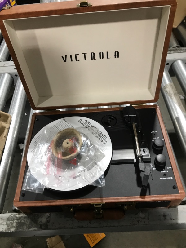 Photo 3 of Victrola Vintage 3-Speed Bluetooth Portable Suitcase Record Player with Built-in Speakers | Upgraded Turntable Audio Sound| Includes Extra Stylus | Brown