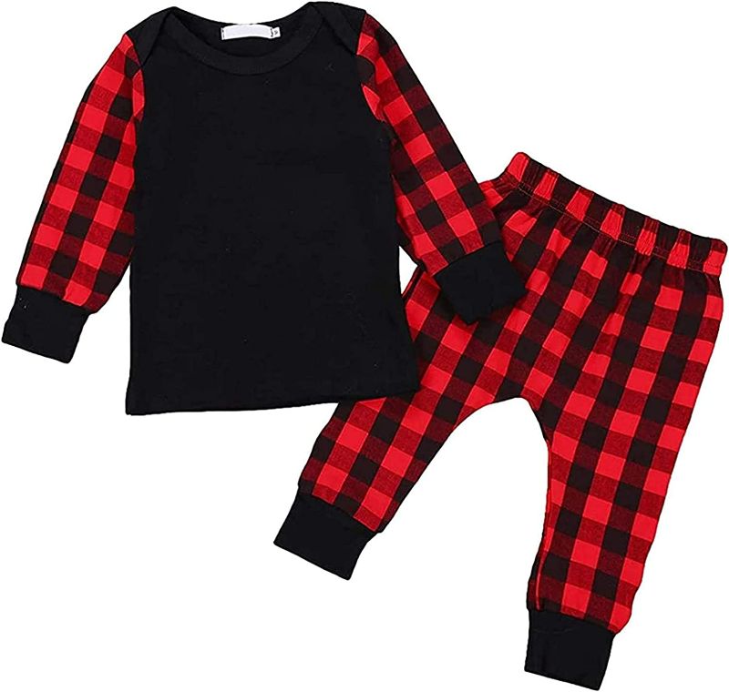 Photo 1 of Baby Boys Girls Matching Christmas Clothes Red Plaid Top T-Shirt and Pants Winter Outfits 4-5T
