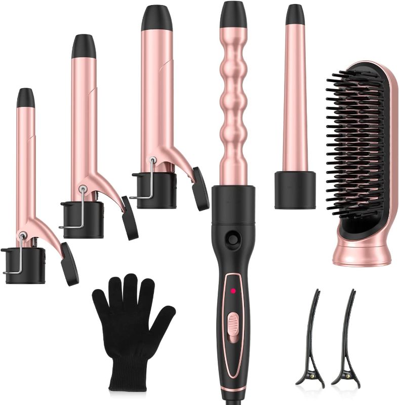 Photo 1 of Limited-time deal: Curling Iron Set, Professional 6 in 1 Curling Wand with Hair Straightener Brush, Dual Voltage Hair Curler Wave Wand with Ceramic Barrel, Instant Heating Hair Styling Tools - Heat Resistant Gloves 