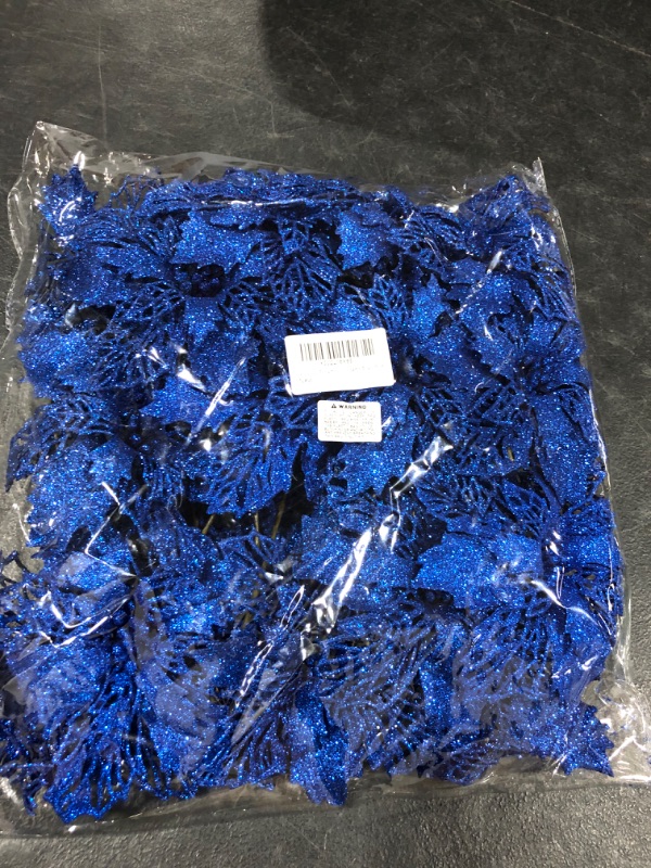 Photo 2 of 24 Pcs Christmas Blue Glittered Mesh Holly Leaf Artificial Poinsettia Flowers Picks Tree Ornaments 5.9" W for Blue Christmas Tree Wreath Garland Floral Gift Wedding Holiday Winter Decoration