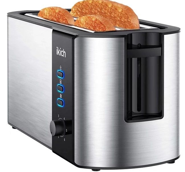 Photo 1 of Ikich 4 Slice Long Toaster, 2 Long Wide Slot Toaster w/Warming Rack, 6 Browning Control, Defrost/Reheat/Cancel, Compact Countertop Stainless Steel Toaster for Artisan Bread, Muffin, Croissant, Bagel
